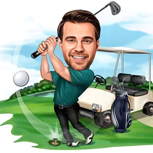 Cartoon golfer portret, golfcadeaus, golfcadeaus voor mannen, golfcadeaus voor vrouwen, golfcadeaus, gepersonaliseerde golfposter, golf, golfcadeau