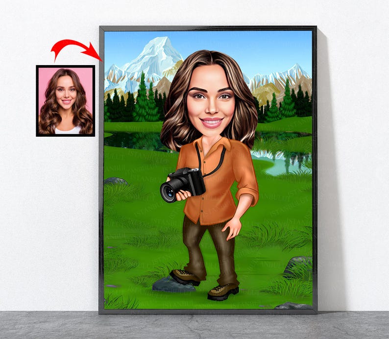 Cartoon Photographer Portrait, Photographer Gift For Him Her Men Women Male Female Husband Wife Dad Mom Son Daughter Girlfriend Boyfriend image 7