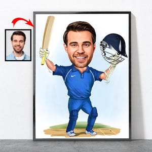 Cartoon Cricket Spieler Porträt, Cricket Geschenke, Cricket Geschenke für Männer, Cricket Trainer Spieler Team Geschenk, personalisiertes Cricket Poster, Cricket