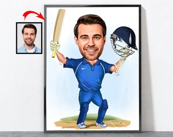 Cartoon Cricket Player Portrait, Cricket Gifts, Cricket Gifts For Men, Cricket Coach Player Team Gift, Personalized Cricket Poster, Cricket