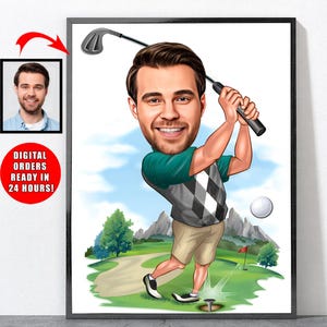 Retrato de golfista de dibujos animados, regalos de golf, regalos de golf para hombres, regalos de golf para mujeres, regalos de golf, póster de golf personalizado, golf, regalo de golf