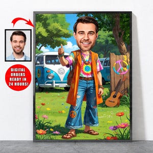 Cartoon Hippie Portrait From Photo, Hippie Gifts For Him Women, Hippie Gifts, Hippie