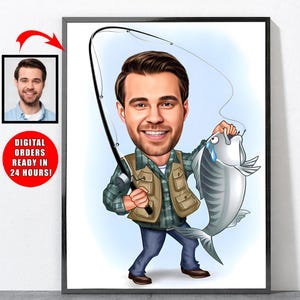 Cartoon Fischer Porträt, personalisierte Angeln Geschenk für Männer, Angeln Geschenk, Angeln Geschenke für Männer, Angeln, Fisch
