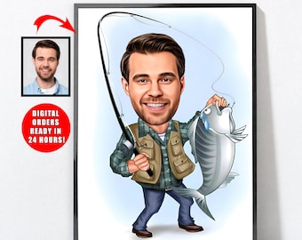 Cartoon Fisherman Portrait, Personalized Fishing Gift For Men, Fishing Gift, Fishing Gifts For Men, Fishing, Fish