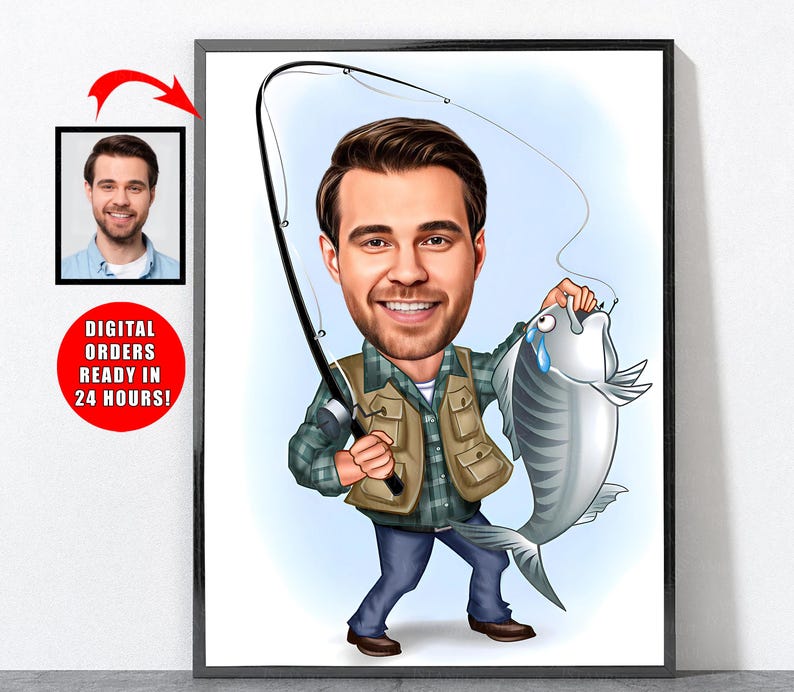 Cartoon Fisherman Portrait, Personalized Fishing Gift For Men, Fishing Gift, Fishing Gifts For Men, Fishing, Fish image 1