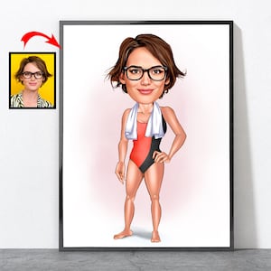 Cartoon Swimmer Portrait, Personalized Swimmer Portrait From Your Photo, Swimming Gifts, Swimming