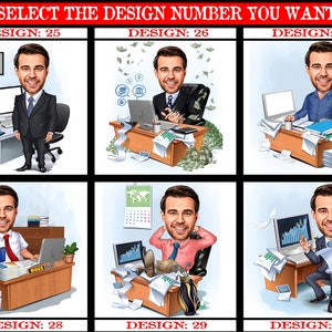 May include: A collage of ten cartoon illustrations depicting different office worker scenarios. Each illustration features a caricature of a person in a business setting, with various props and details, such as money, paperwork, and office supplies. The illustrations are numbered from 25 to 30, suggesting a selection of design options.