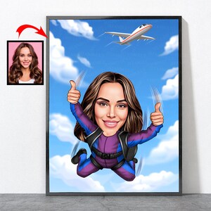 Cartoon Skydiver Portrait, Skydiving Gift For Him Her Men Women Male Female Husband Wife Dad Mom Son Daughter Boyfriend, Skydiving