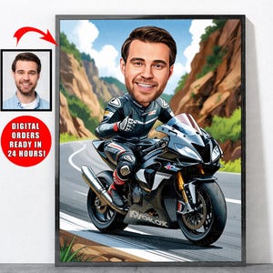 Retrato de motociclista de dibujos animados a partir de tu foto, regalos de motocicletas, arte de motocicletas, motocicleta