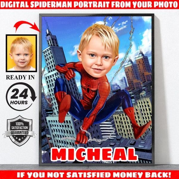 Poster Spiderman personnalisé, cadeau d'anniversaire Spiderman, portrait de super-héros, Spiderman, super-héros, invitation à une fête Spiderman, Spider Man