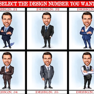 May include: Six cartoon illustrations of men in different suits and poses. The illustrations are labeled with the numbers 31 through 36.
