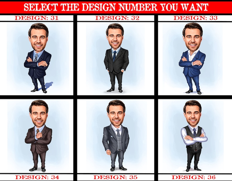 May include: Six cartoon illustrations of men in different suits and poses. The illustrations are labeled with the numbers 31 through 36.