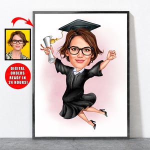 Retrato de graduación de dibujos animados, regalo personalizado de graduación de secundaria y universidad para ella y él, regalo de graduación, graduación