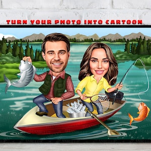 May include: A cartoon illustration of a couple fishing in a red boat on a lake. The man is wearing a green vest and the woman is wearing a yellow shirt. The man is holding a fish and the woman is holding a fishing rod. The text 'TURN YOUR PHOTO INTO CARTOON' is at the top of the image.