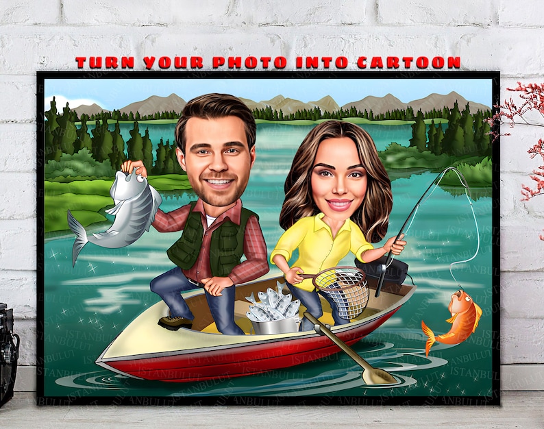 May include: A cartoon illustration of a couple fishing in a red boat on a lake. The man is wearing a green vest and the woman is wearing a yellow shirt. The man is holding a fish and the woman is holding a fishing rod. The text 'TURN YOUR PHOTO INTO CARTOON' is at the top of the image.