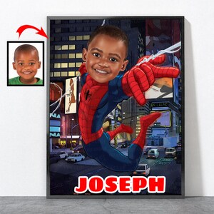 May include: A personalized illustration of a child dressed as Spiderman swinging through a city street. The child's name, "Joseph", is written in red letters at the bottom of the image.