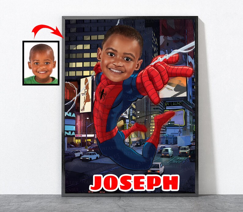 May include: A personalized illustration of a child dressed as Spiderman swinging through a city street. The child's name, "Joseph", is written in red letters at the bottom of the image.