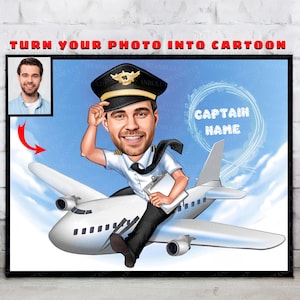 Cartoon Pilot Portrait From Photo, Pilot Gifts, Pilot Retirement Party, Pilot image 3