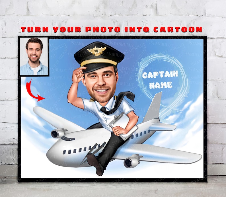 Cartoon Pilot Portrait From Photo, Pilot Gifts, Pilot Retirement Party, Pilot image 3