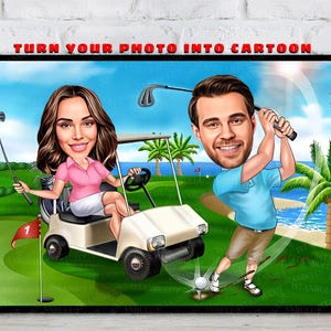 Cartoon Couple Golf Portrait, Golf Gifts, Golf Gifts For Men, Golf Gifts For Women, Golfing Gifts, Personalized Golf Poster, Golf, Golf Gift