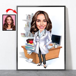 Retrato de médico de desenho animado, presente de médico personalizado para mulheres e homens, médico, presente de médico,