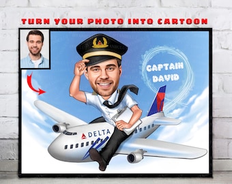 Cartoon Pilot Portrait From Photo, Pilot Gifts, Pilot Retirement Party, Pilot