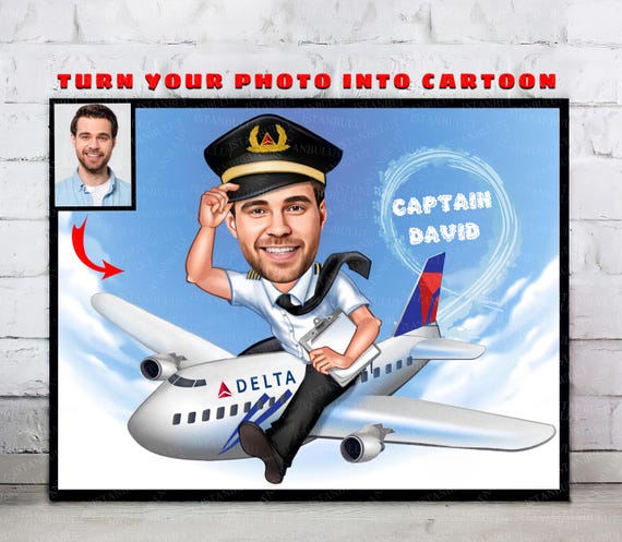 Cartoon Pilot Portrait From Photo, Pilot Gifts, Pilot Retirement Party, Pilot