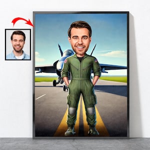 Cartoon Air Force Pilot Portrait, Air Force Pilot Gift For Him Men Male Husband Dad Mom Son Boyfriend, Hunter, Air Force Pilot