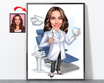 Retrato de dentista em desenho animado a partir da sua foto, presente personalizado para dentista.