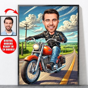 Cartoon motorrijderportret van je foto, motorfietscadeaus, motorkunst, motorfiets