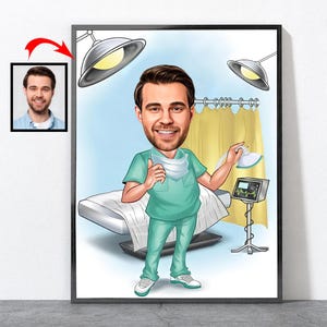 Puede incluir: Una caricatura de un médico con un uniforme verde de quirófano, sosteniendo una mascarilla quirúrgica. El médico está de pie en una habitación de hospital con una cama médica y un monitor de ritmo cardíaco.