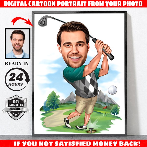 Cartoon Golfer Porträt, Golf Geschenke, Golf Geschenke für Männer, Golf Geschenke für Frauen, Golf Geschenke, personalisiertes Golf Poster, Golf, Golf Geschenk
