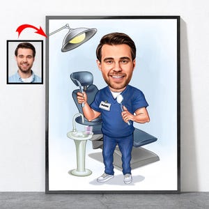 Cartoon tandartsportret, tandartscadeau voor mannen, aangepaste mondhygiënecadeaus voor afstuderen Verjaardag Pensioen grappig tandartscadeau-idee