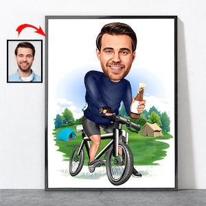 Cartoon Cyclist Portrait, Custom Biker Portrait, Personalized Cyclist Bicycle Cycle Biker Cycling Art Poster, Cycling Gifts, Cycling