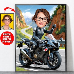 Cartoon Motorcyclist Portrait From Your Photo, Motorcycle Gifts For Women, Motorcycle Art, Motorcycle