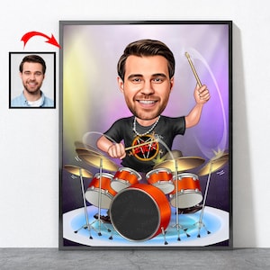 Retrato de baterista de dibujos animados, regalos de baterista para él, ella, hombres, mujeres, hombres, mujeres, esposos, madres, papás, mamás, hijos, hijas, novias, novios, baterista
