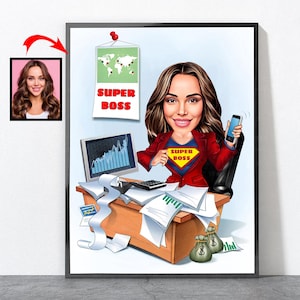 Cartoon lady baas portret, grappig cadeau baas dag, cadeau baas dag voor vrouwen, baas dame, cadeau baas dame, aangepaste cadeaus baas dag voor haar