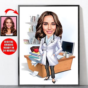 Cartoon Doctor Portrait From Your Photo, Personalized Doctor Gifts For Women, Doctor, Thank You Gift For Doctor, Doctors Day