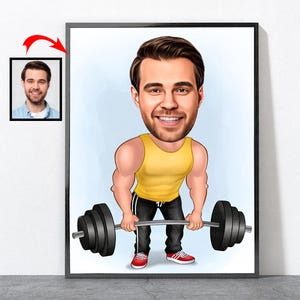 Regalos de fitness, retrato de levantador de pesas de dibujos animados, regalo para amantes del fitness para él, ella, mujeres y hombres, póster de culturismo, fitness, gimnasio, levantamiento de pesas
