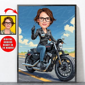 Cartoon Motorcyclist Portrait From Your Photo, Motorcycle Gifts, Motorcycle Art, Motorcycle Women
