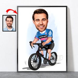 Retrato de ciclista de dibujos animados, retrato de ciclista personalizado, póster de arte de ciclismo de bicicleta de ciclista personalizado, regalos de ciclismo, ciclismo