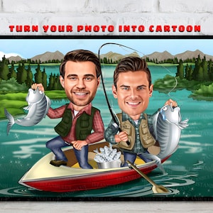 May include: Two cartoon characters in a red and white boat on a lake. The characters are fishing and have caught two fish. The text 'TURN YOUR PHOTO INTO CARTOON' is at the top of the image.