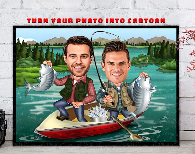 May include: Two cartoon characters in a red and white boat on a lake. The characters are fishing and have caught two fish. The text 'TURN YOUR PHOTO INTO CARTOON' is at the top of the image.