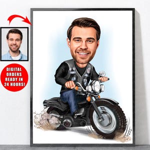 Cartoon motorrijder portret van foto, grappige motorfietscadeaus voor mannen, motorkunst, motorfiets