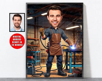 Cartoon Welder Portrait From Photo, Funny Welder Gift For Men