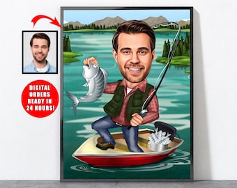 Cartoon Fisherman Portrait, Personalized Fishing Gifts For Men Him Kids, Fish