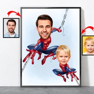 May include: A digital painting of two people dressed as Spiderman. The father is in the background and the son is in the foreground. Both are wearing red and blue Spiderman suits with a spider logo on the chest.