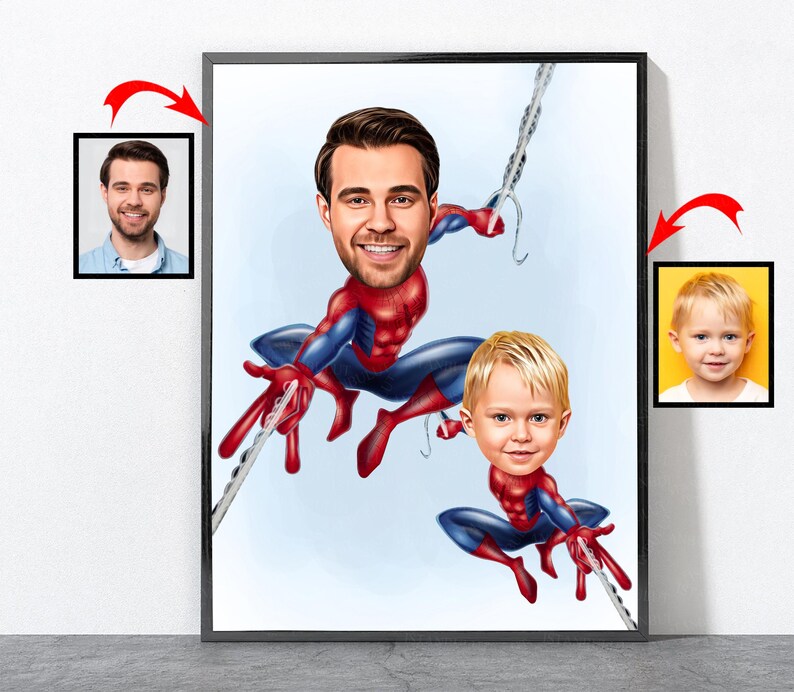 May include: A digital painting of two people dressed as Spiderman. The father is in the background and the son is in the foreground. Both are wearing red and blue Spiderman suits with a spider logo on the chest.