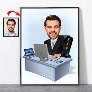 Portrait de patron de dessin animé, cadeau de départ en retraite personnalisé, cadeau de fête du patron, patron, cadeau pour le patron, carte de fête du patron pour lui hommes hommes