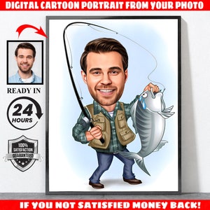 Cartoon Fisherman Portrait, Personalized Fisherman Gift for Men